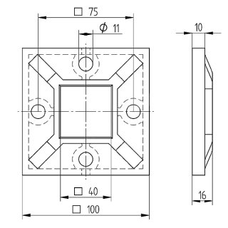 Bodenflansch f&uuml;r Vierkant-Pfosten 40 x 40 mm, V2A Edelstahl ungeschliffen