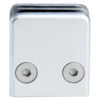 Glashalter eckig mit Gummieinlagen & Sicherungsstift, 43 x 43 mm, Zinkdruckguss Edelstahloptik, gerader Anschluss, für 6 mm (ESG-Glas)