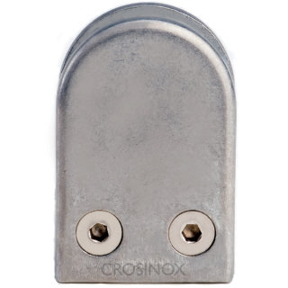 Glashalter halbrund mit Sicherungsstift & Gummieinlagen für 10,76 mm (VSG-Glas), 45 x 63 mm, Zinkdruckguss roh/unbehandelt, Anschluss für Ø 48,3 mm