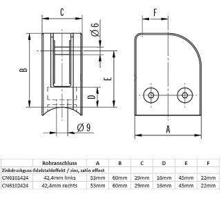 Eck-Glashalter mit Sicherungsstift &amp; Gummieinlagen, 53 x 60 mm, Anschluss f&uuml;r &Oslash; 42,4 mm, Zinkdruckguss Edelstahloptik