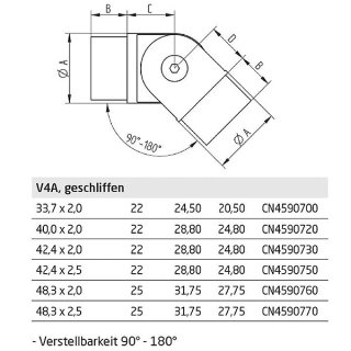 Gelenkverbinder 90 - 180&deg; f&uuml;r Rundrohre, V4A Edelstahl