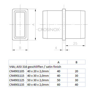 Rechteckrohr-Verbinder, V4A Edelstahl, 60x40, 50x30, 40x30 &amp; 40x20mm