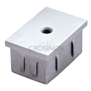 Endkappe rechteckig für Vierkantrohre 40 x 20 mm, mit flexiblen Klemmbügeln, mit Mittelgewinde M8, hohl, V2A Edelstahl geschliffen